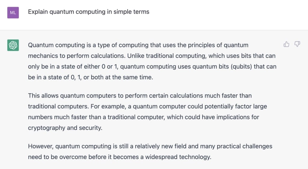 ChatGPT model explaining quantum computing. [source: OpenAI]
