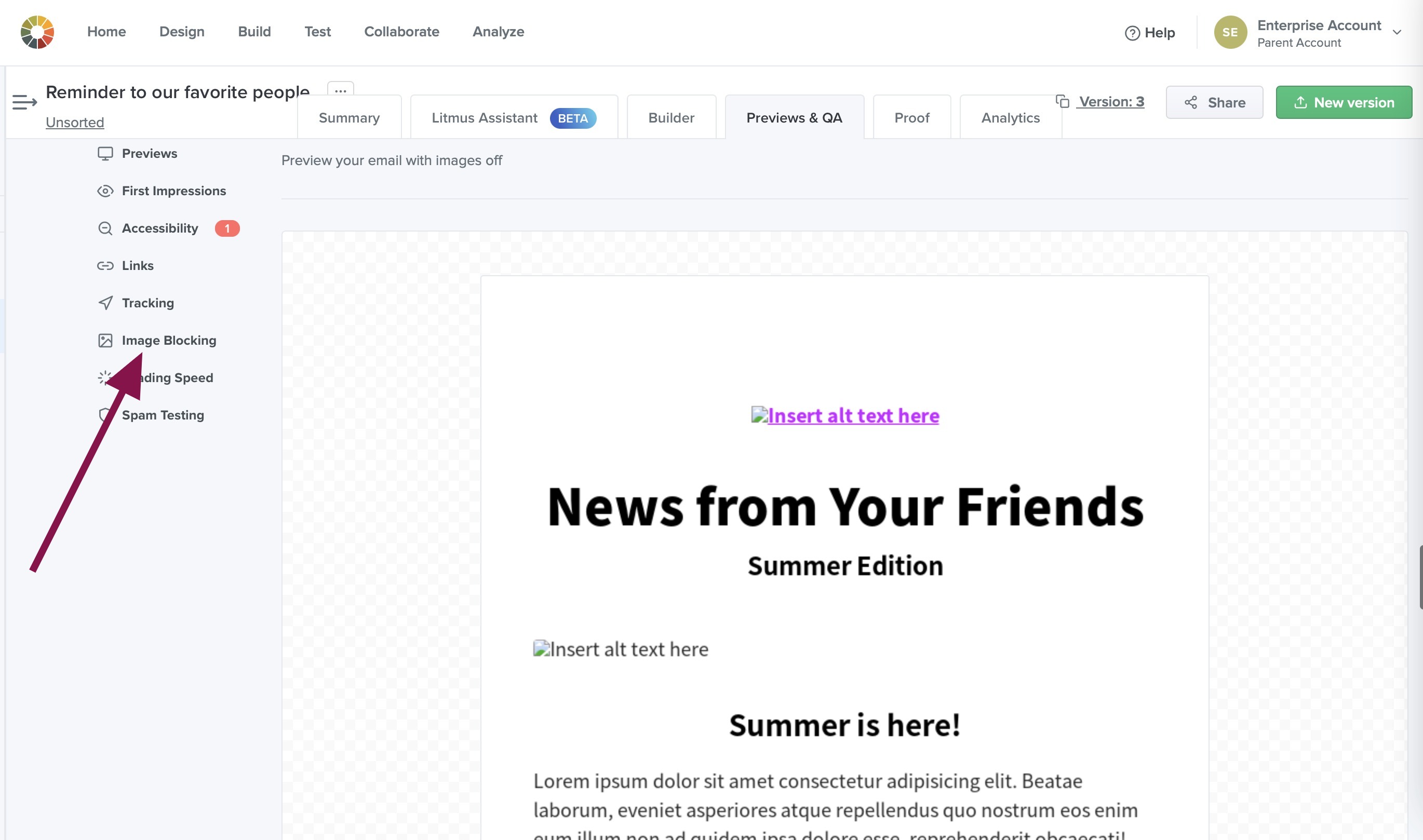 A screenshot of Litmus with an arrow pointing to "Image Blocking"