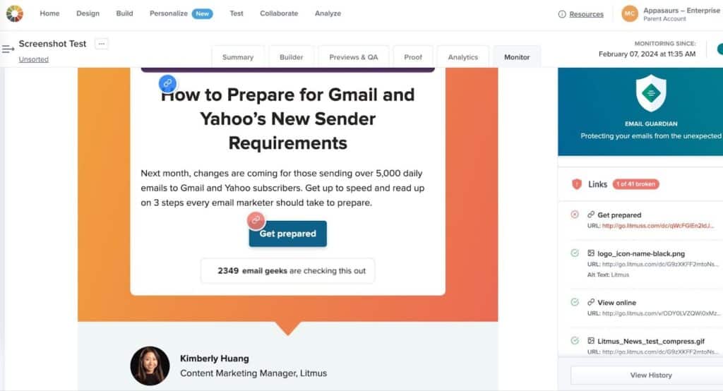A screenshot showing Litmus Email Guardian in action in the Litmus application, illustrating what broken links look like.