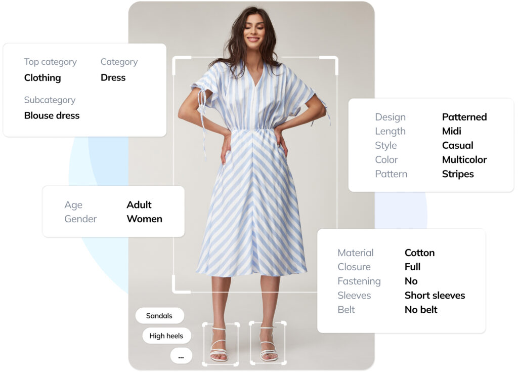 Ximilar automatically assigns relevant tags for style, design, cut, materials, patterns, prints, colors, and other product attributes.
