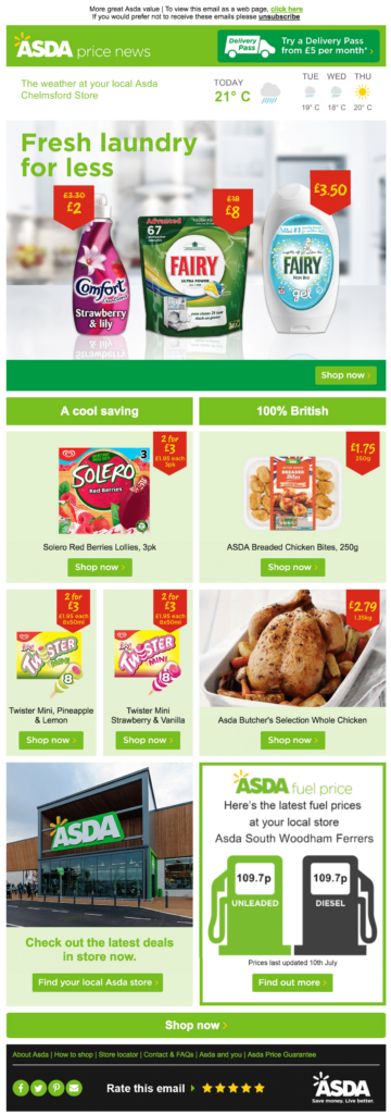 Asda Grocery Email with store name, weather forecast and live petrol prices.