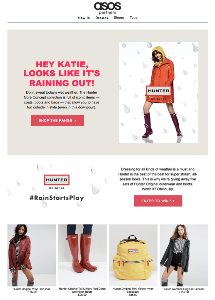 ASOS weather relevant content in email witha personalized image.