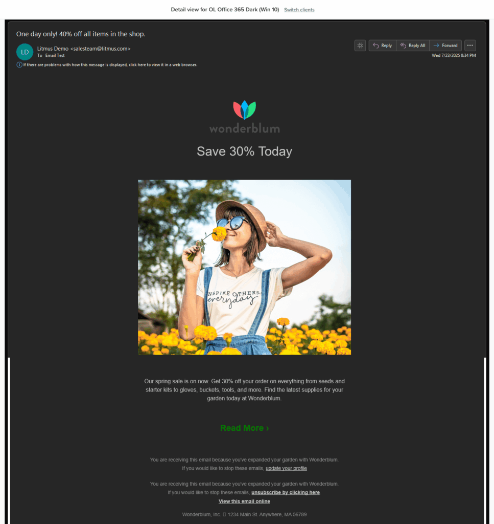 Litmus preview of an email in Dark Mode