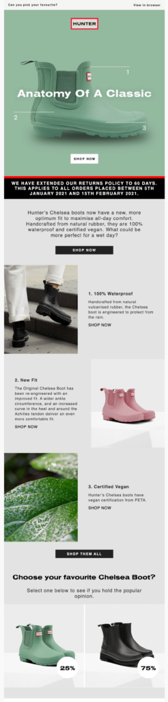 Hunter Boots live poll in email