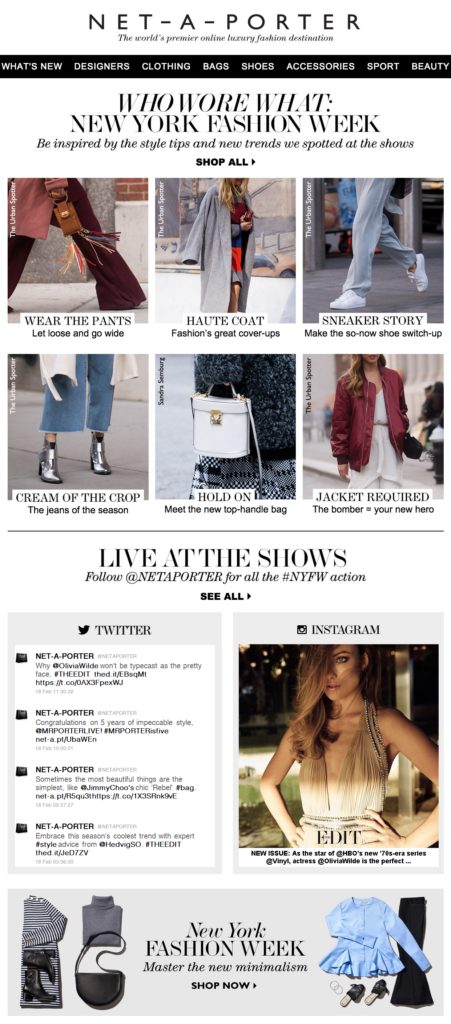 Latest tweets and Instagram post in email for fashion week
