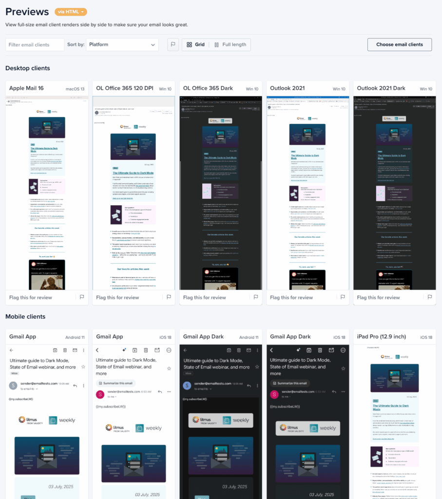 Email previews in Litmus showing Dark Mode