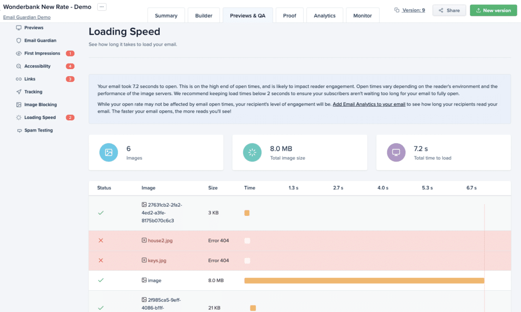 A screenshot showing the loading speed of an email testing in Litmus Previews and QA application.