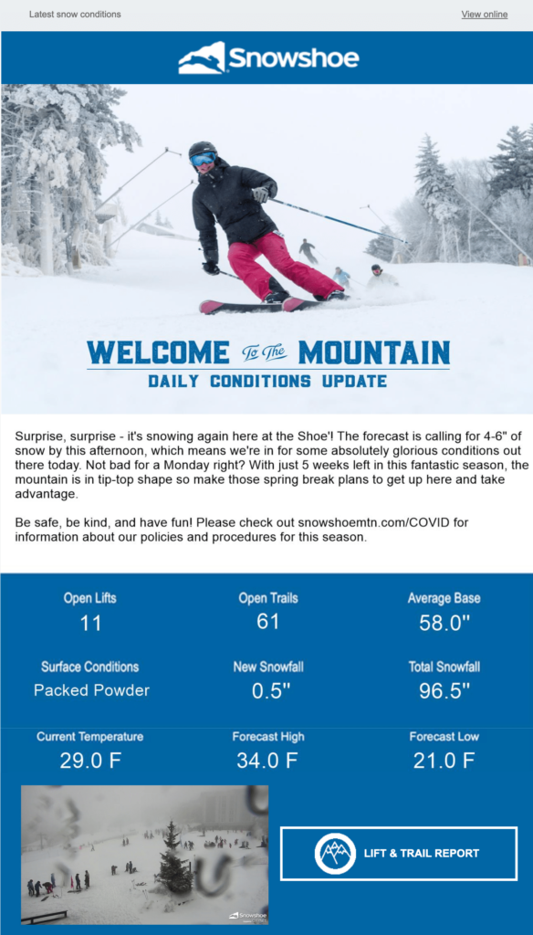 Weather based imagery and live info from the mountain in email