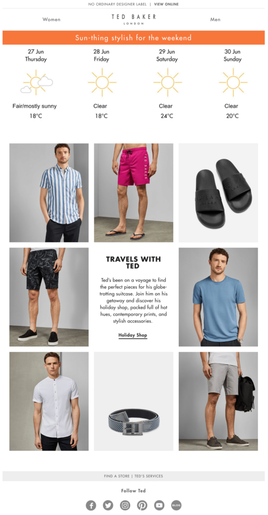 A live weather forecast in email paired with products perfect for the sunshine.