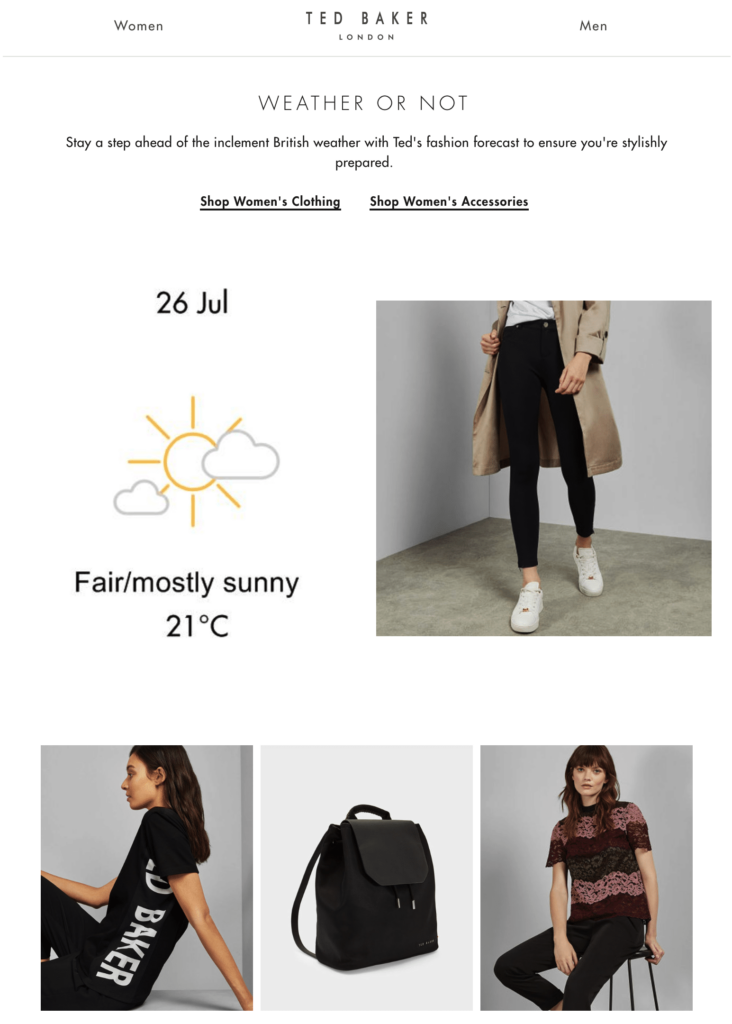 Live weather forecast in email & products for the weather conditions