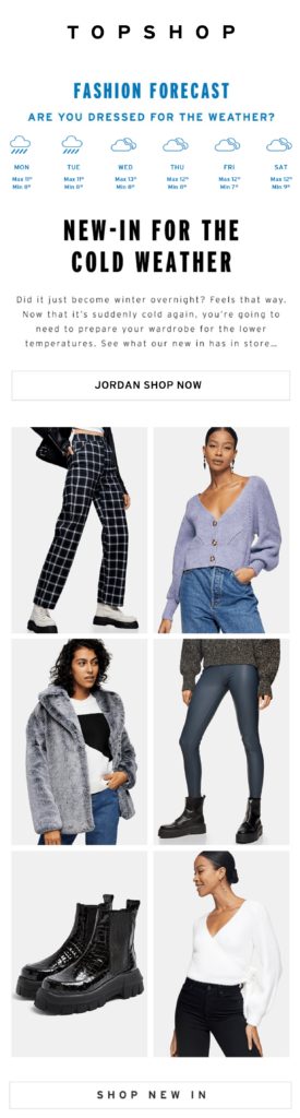 Topshop - shop the forecast email with personalized CTA